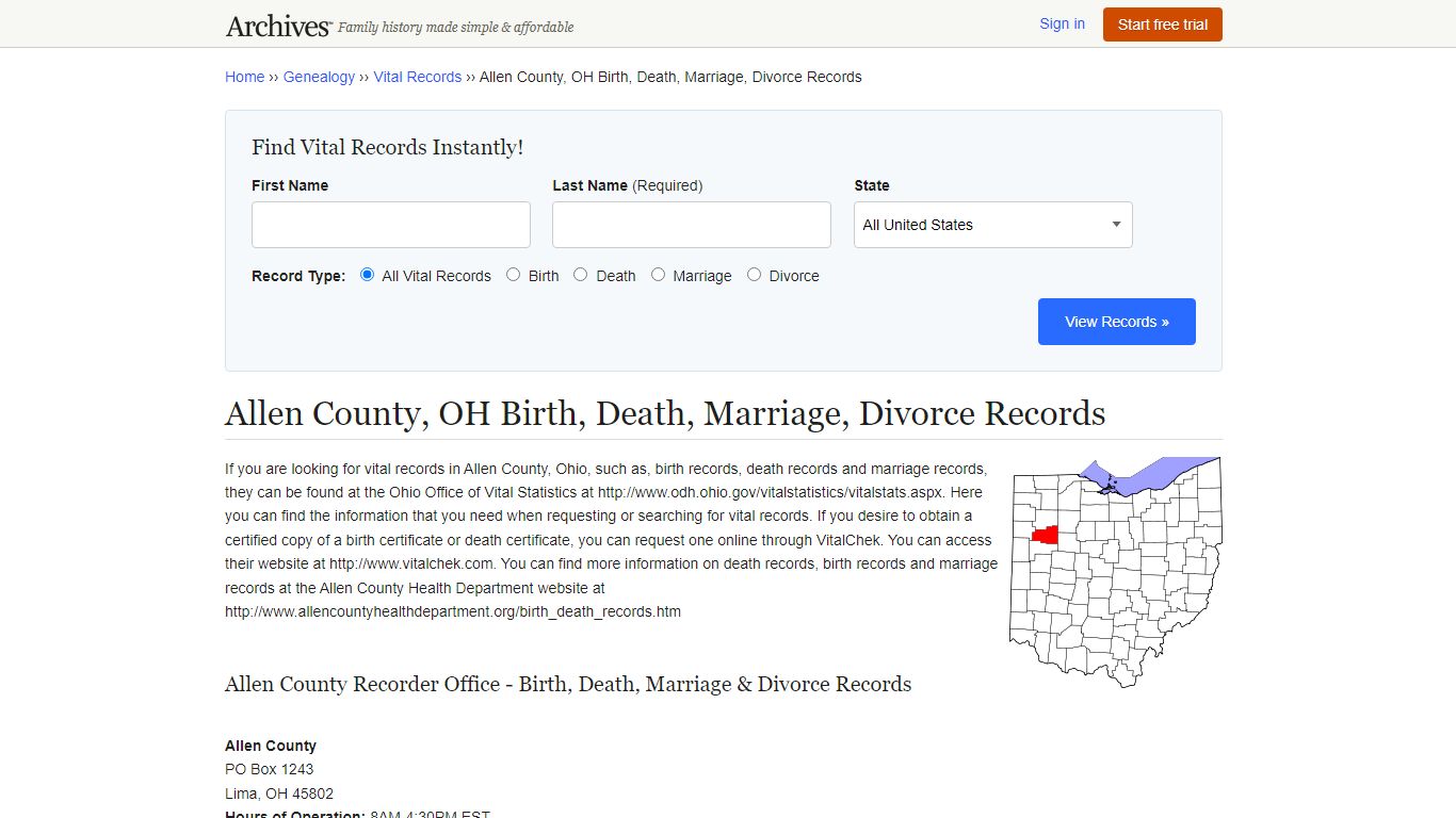 Allen County, OH Birth, Death, Marriage, Divorce Records